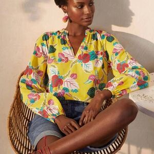 Boden yellow daffodil holiday tropical floral print cotton blouse women’s size 8